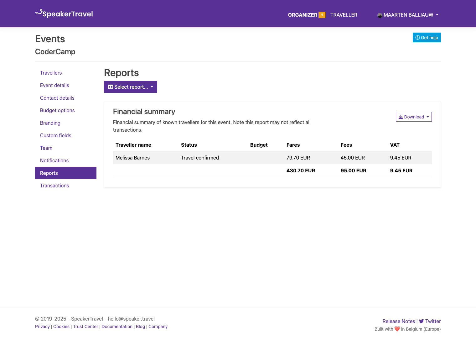 Report event travellers financial summary