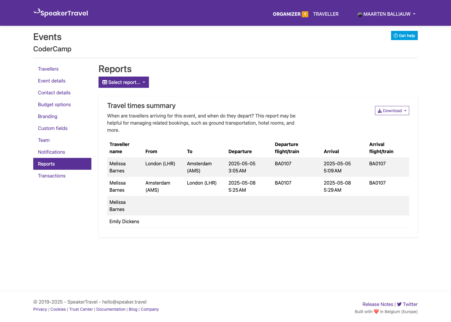 Report event travel times summary