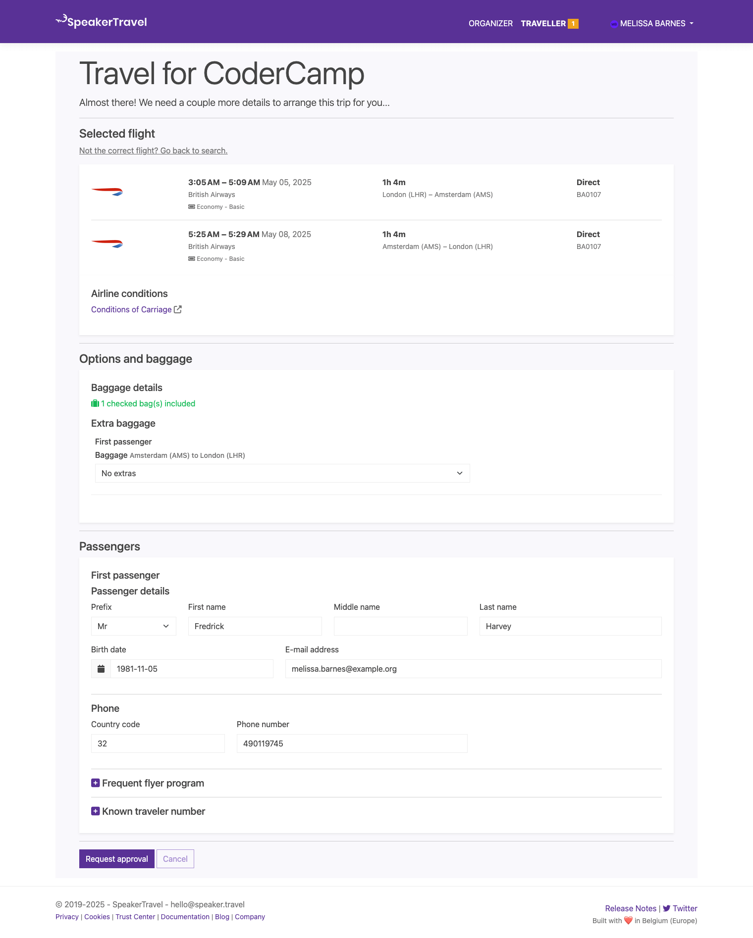 Enter passenger details to request flight booking