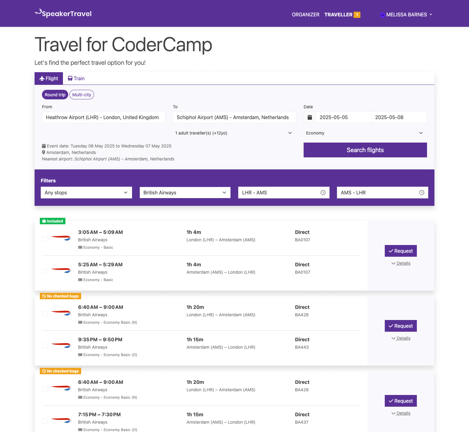 Traveller flight or train search results